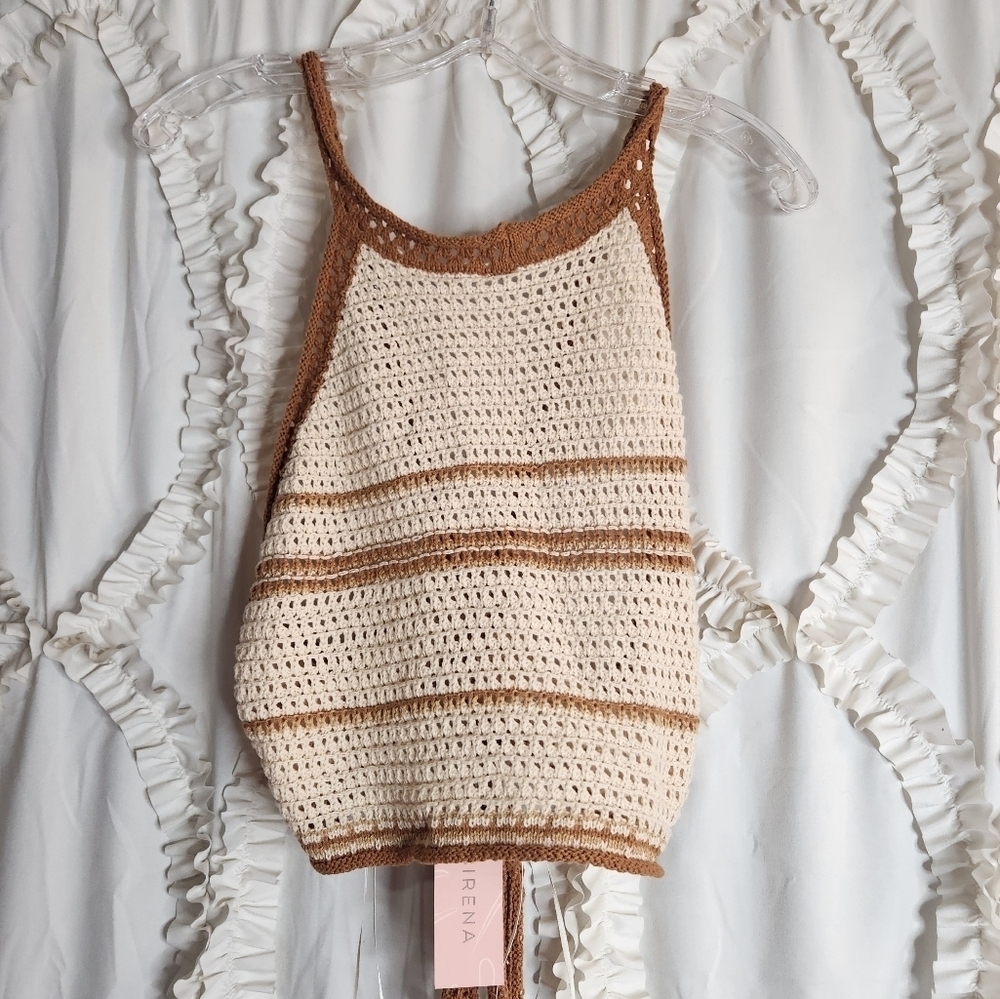 New Sirena Miramar Santal Crochet Halter Top Cream Brown sz Medium